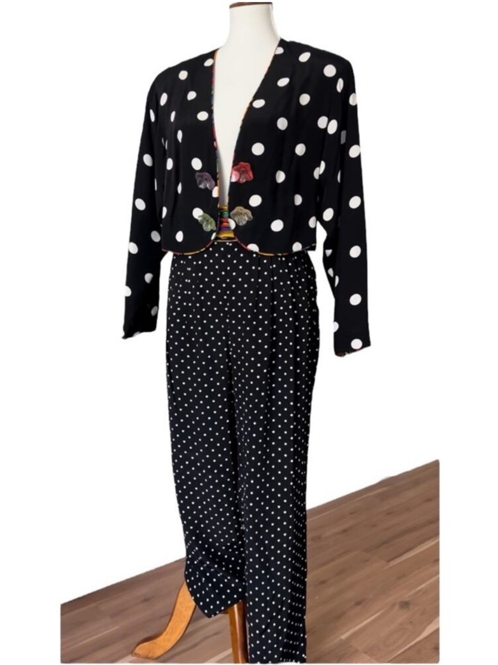 Vintage Blazer Set Jacket Medium Pants Large 2 Piece Polka Rainbow Art to Wear